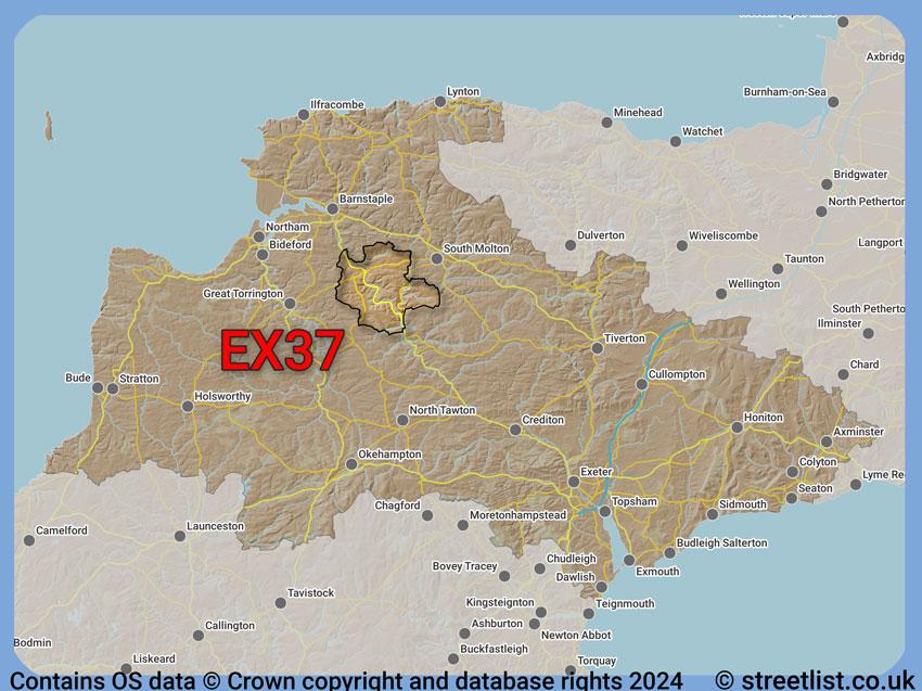 Where the EX37 postcode district lies within the wider  postcode area