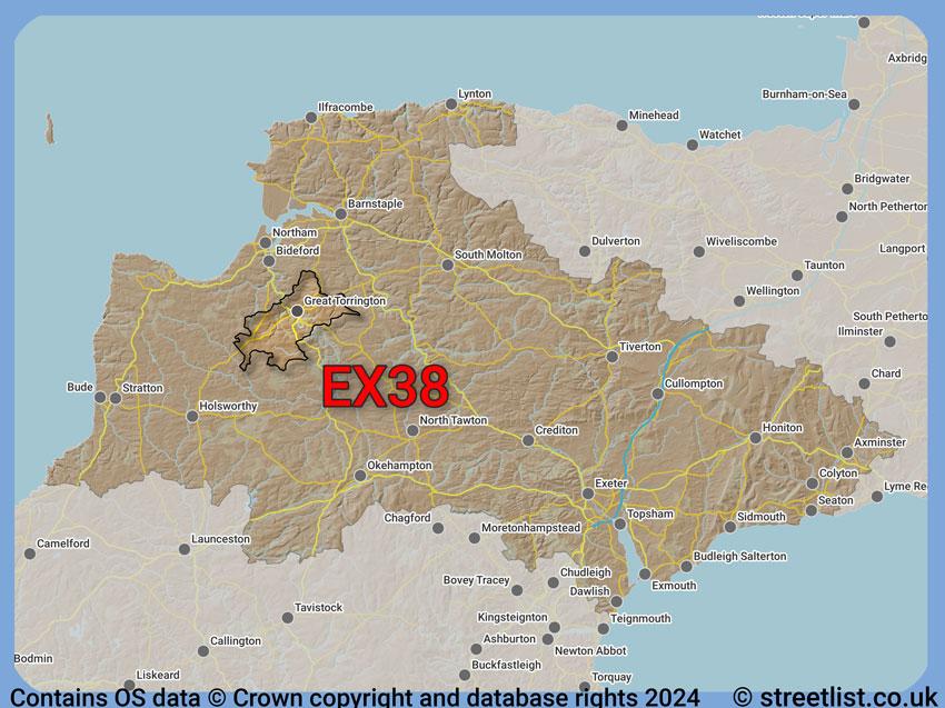 Where the EX38 postcode district lies within the wider  postcode area