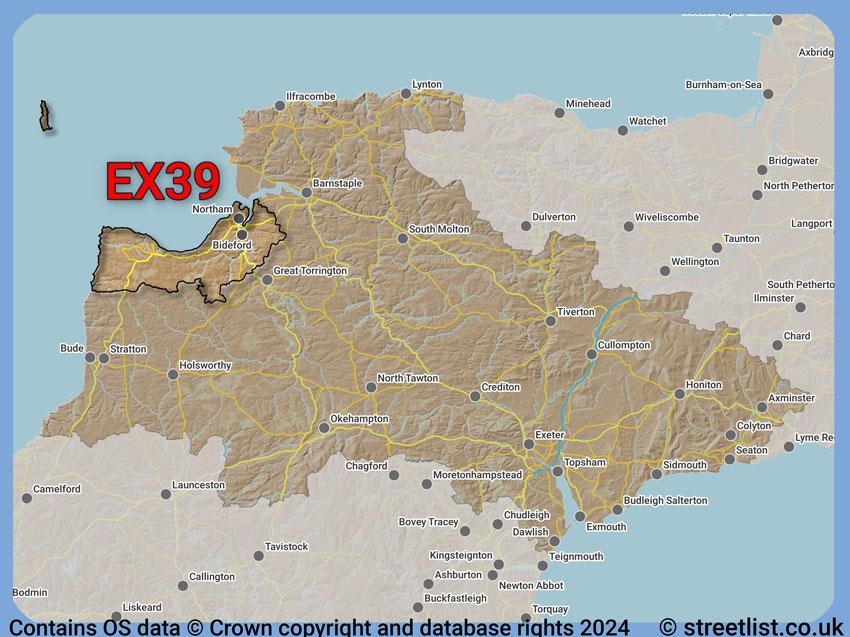 Where the EX39 postcode district lies within the wider  postcode area