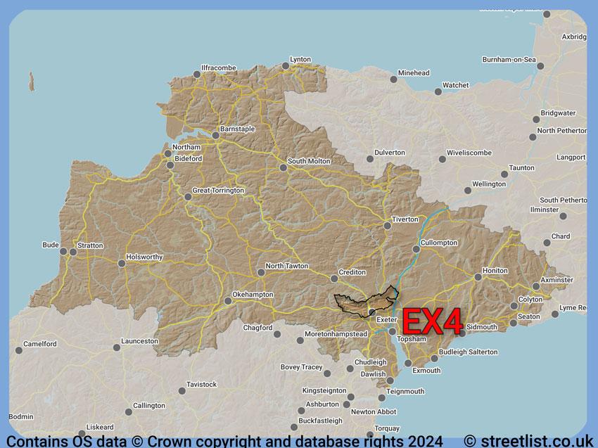 Where the EX4 postcode district lies within the wider  postcode area