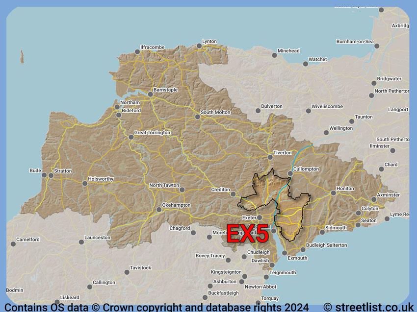 Where the EX5 postcode district lies within the wider  postcode area