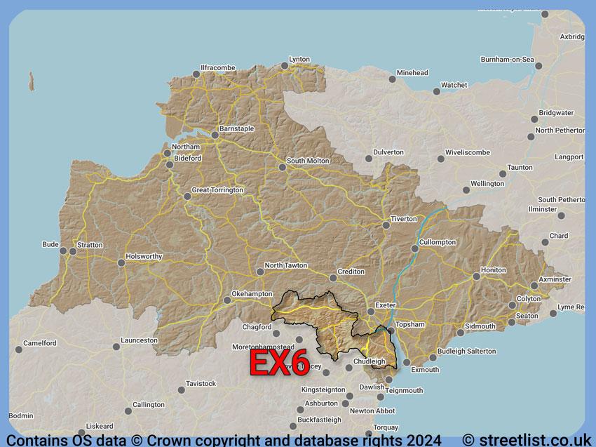 Where the EX6 postcode district lies within the wider  postcode area