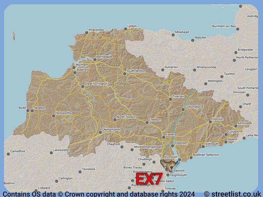 Where the EX7 postcode district lies within the wider  postcode area