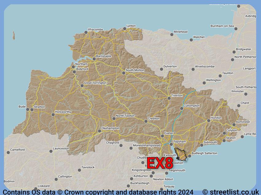 Where the EX8 postcode district lies within the wider  postcode area