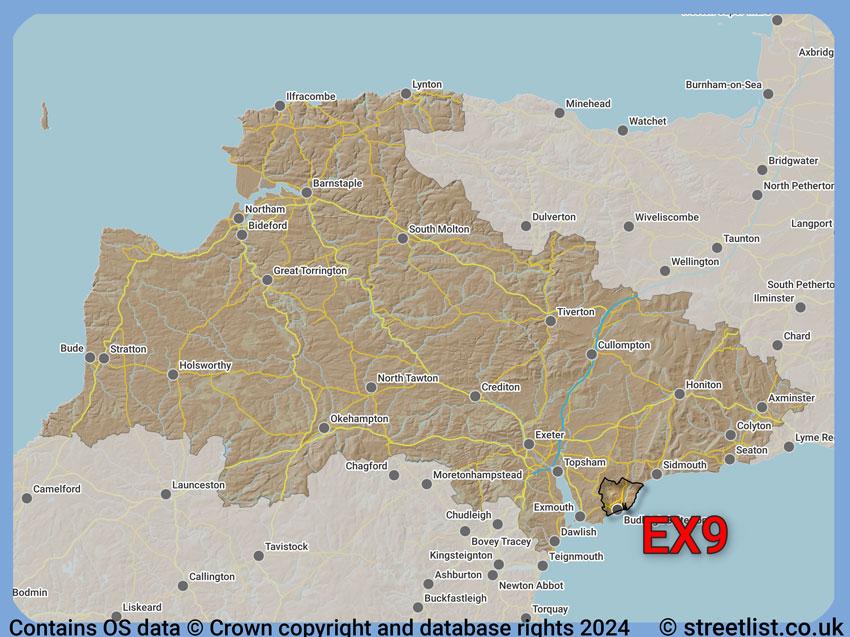 Where the EX9 postcode district lies within the wider  postcode area