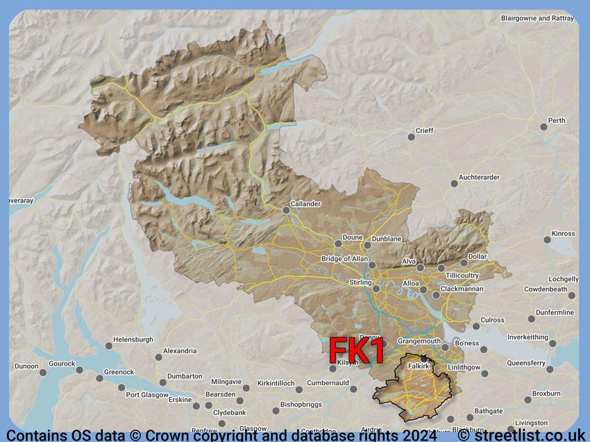 Where the FK1 postcode district lies within the wider  postcode area