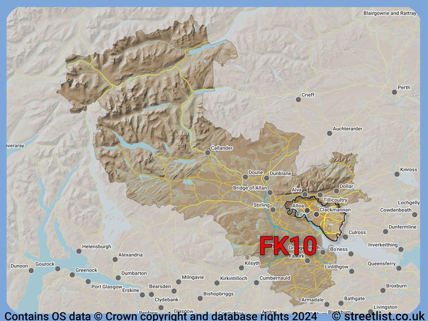 Where the FK10 postcode district lies within the wider  postcode area