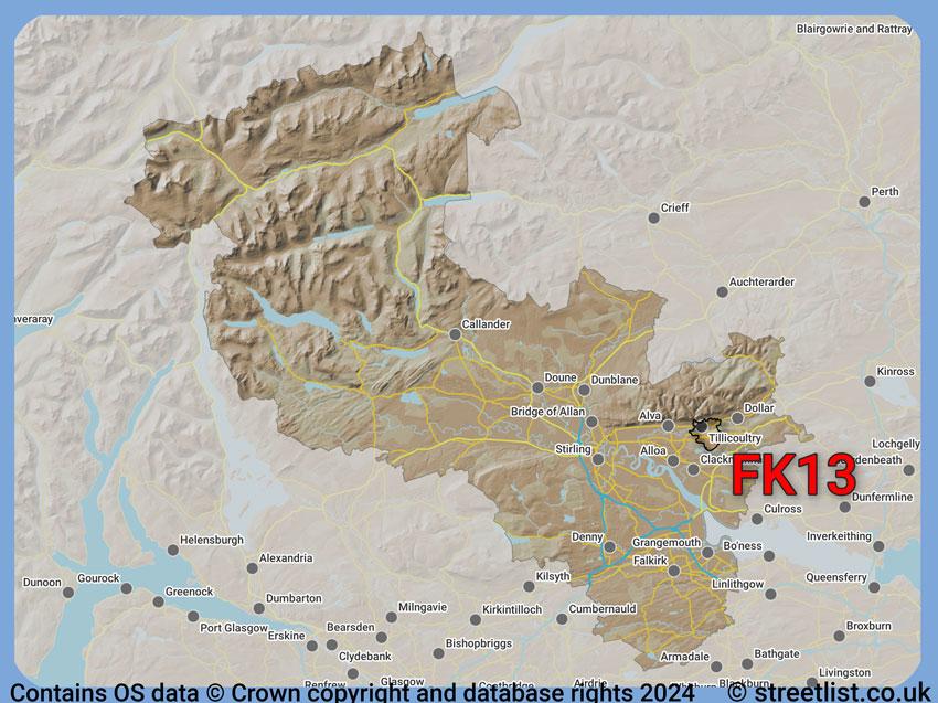 Where the FK13 postcode district lies within the wider  postcode area