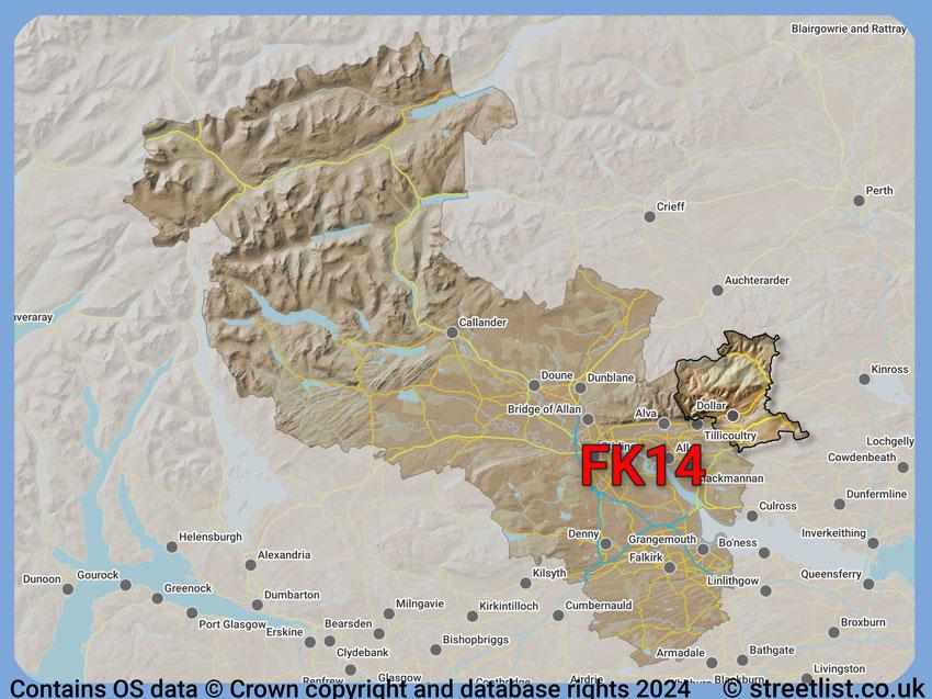 Where the FK14 postcode district lies within the wider  postcode area