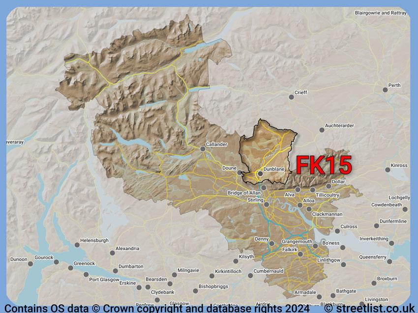 Where the FK15 postcode district lies within the wider  postcode area