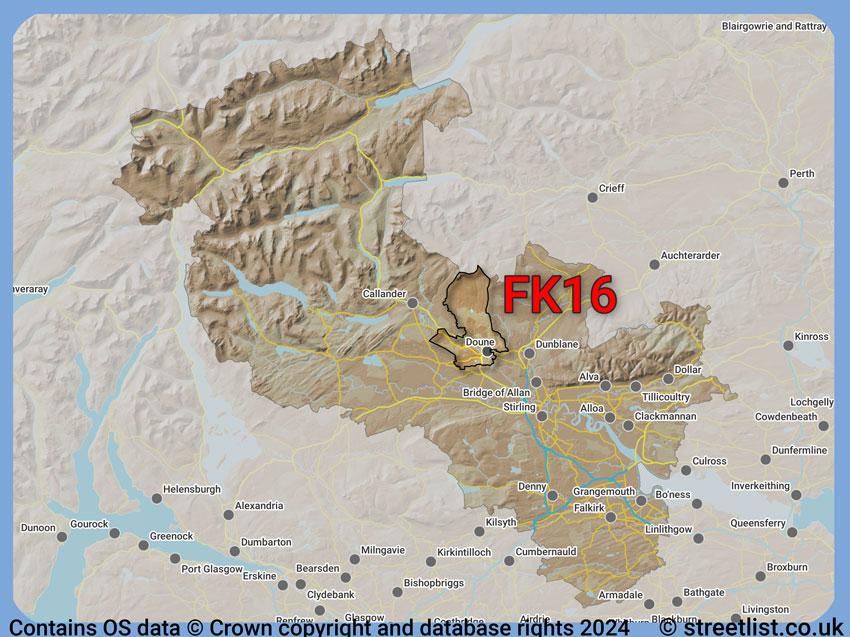 Where the FK16 postcode district lies within the wider  postcode area