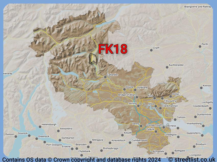 Where the FK18 postcode district lies within the wider  postcode area