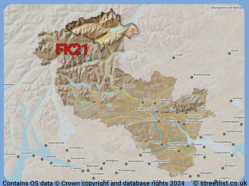 Where the FK21 postcode district lies within the wider  postcode area