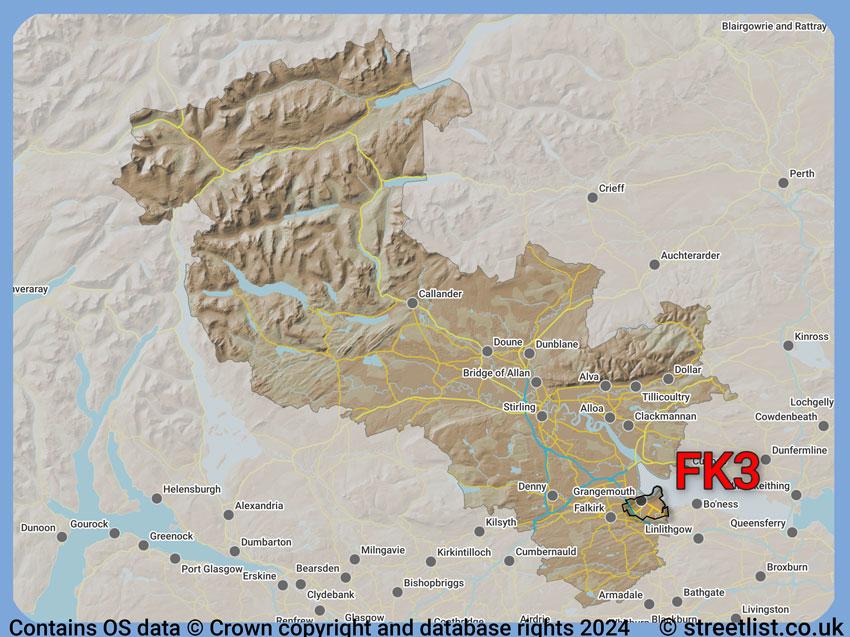 Where the FK3 postcode district lies within the wider  postcode area