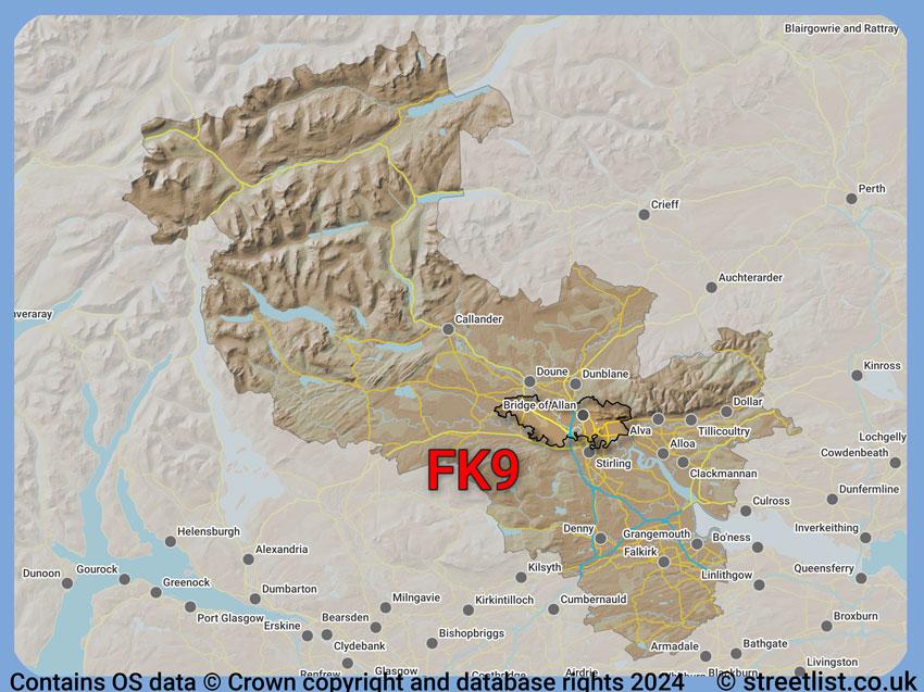 Where the FK9 postcode district lies within the wider  postcode area