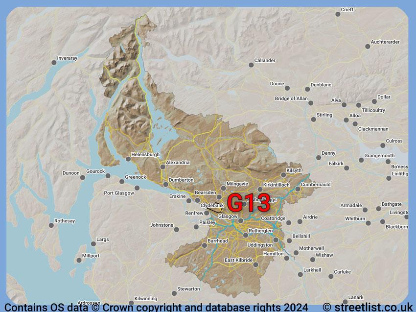 Where the G13 postcode district lies within the wider  postcode area