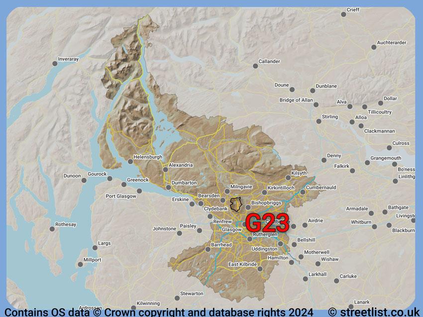 Where the G23 postcode district lies within the wider  postcode area