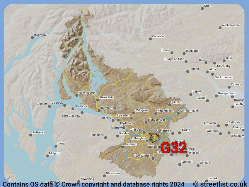 Where the G32 postcode district lies within the wider  postcode area