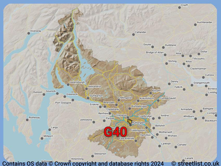 Where the G40 postcode district lies within the wider  postcode area