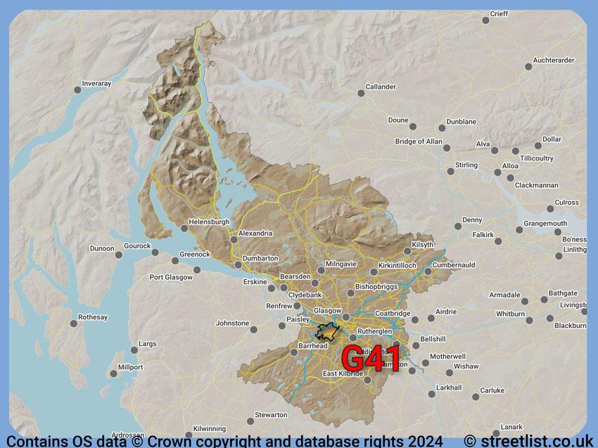 Where the G41 postcode district lies within the wider  postcode area