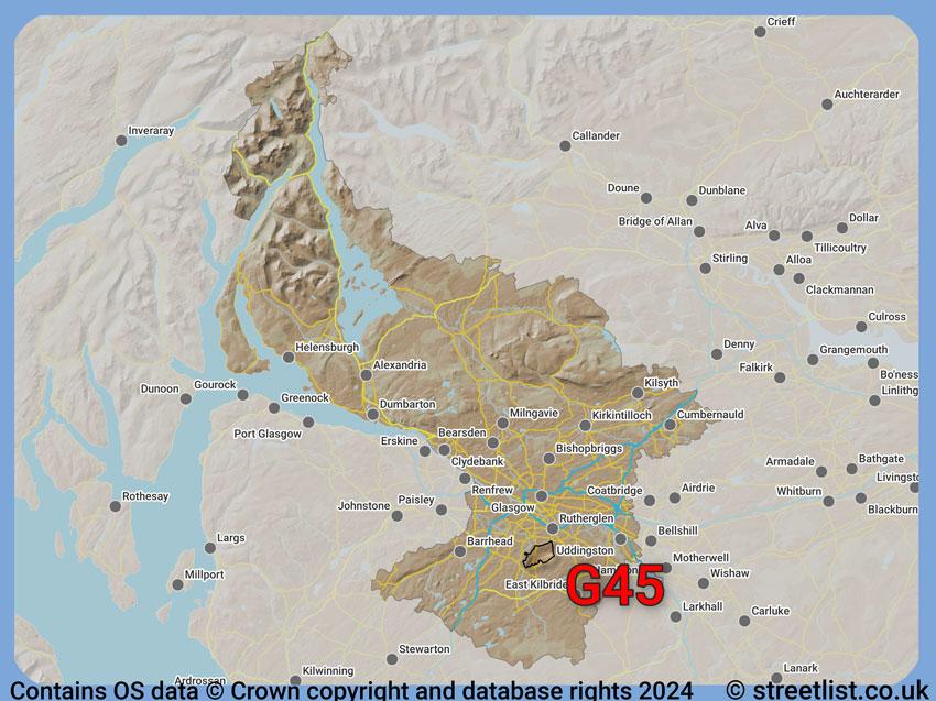 Where the G45 postcode district lies within the wider  postcode area