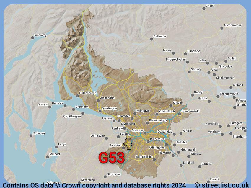 Where the G53 postcode district lies within the wider  postcode area