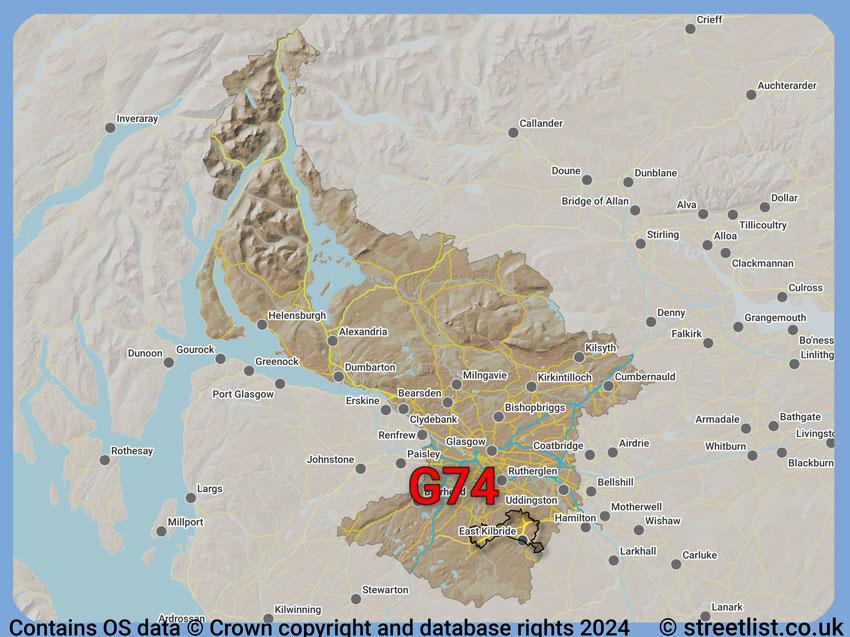 Where the G74 postcode district lies within the wider  postcode area