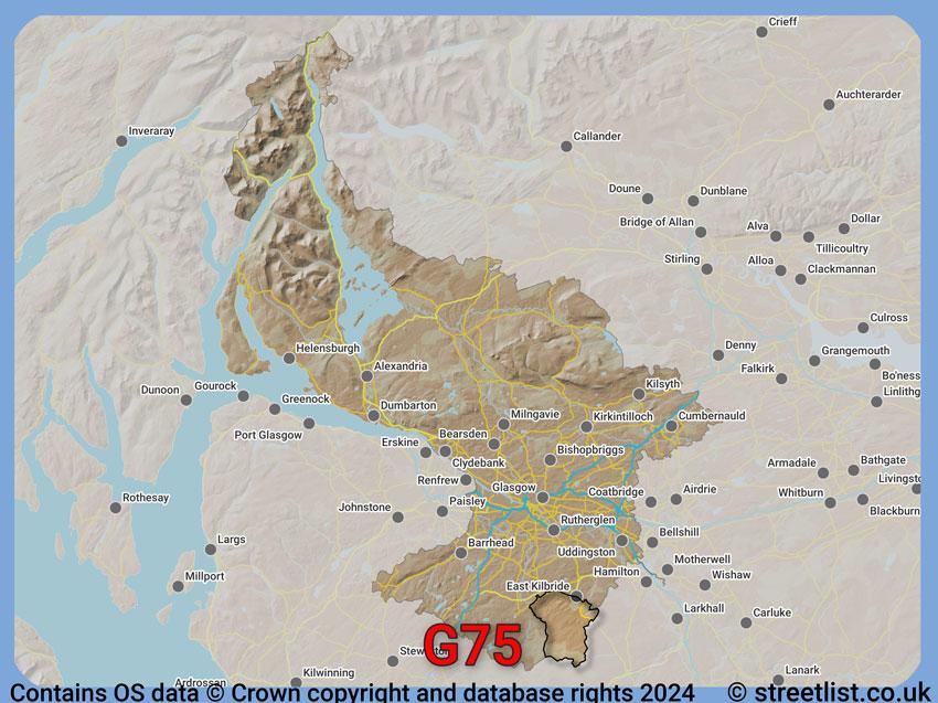 Where the G75 postcode district lies within the wider  postcode area