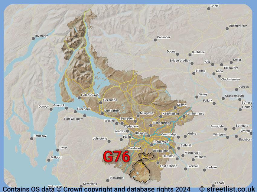 Where the G76 postcode district lies within the wider  postcode area