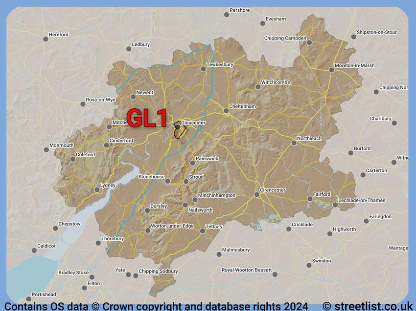 Where the GL1 postcode district lies within the wider  postcode area