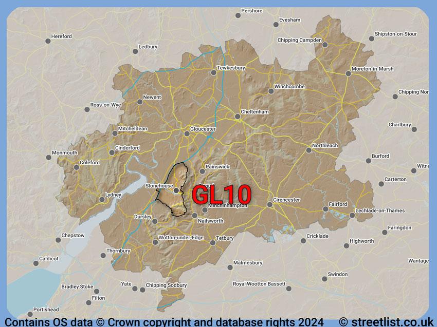 Where the GL10 postcode district lies within the wider  postcode area