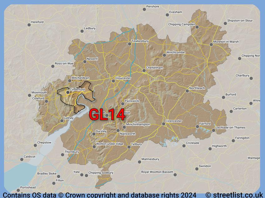 Where the GL14 postcode district lies within the wider  postcode area