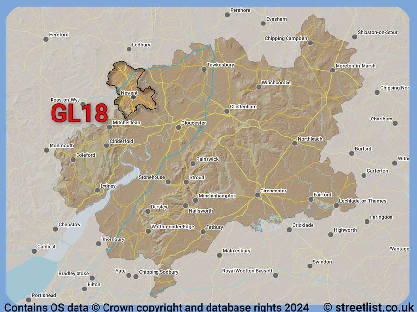 Where the GL18 postcode district lies within the wider  postcode area