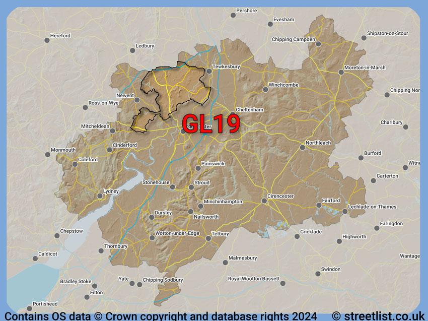 Where the GL19 postcode district lies within the wider  postcode area