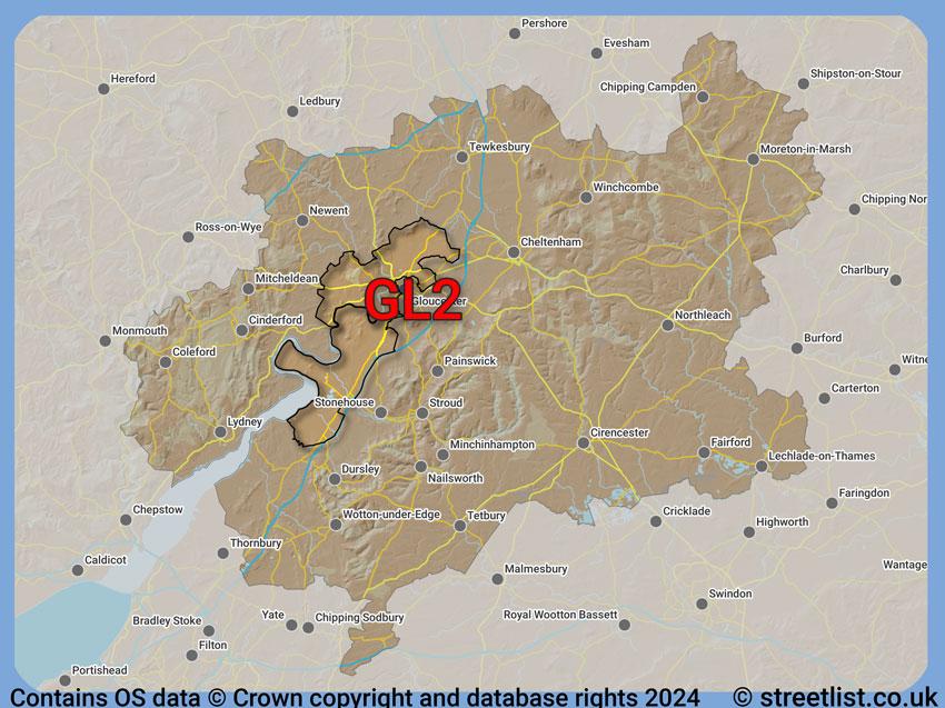 Where the GL2 postcode district lies within the wider  postcode area