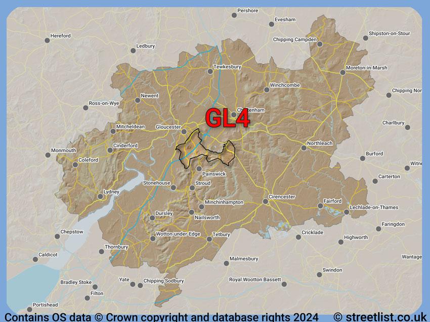 Where the GL4 postcode district lies within the wider  postcode area