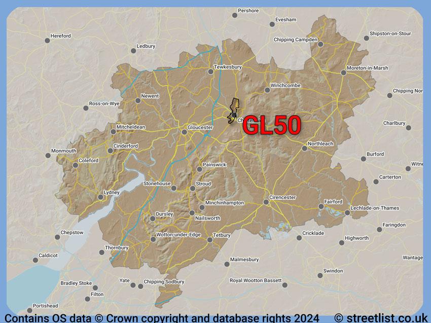 Where the GL50 postcode district lies within the wider  postcode area