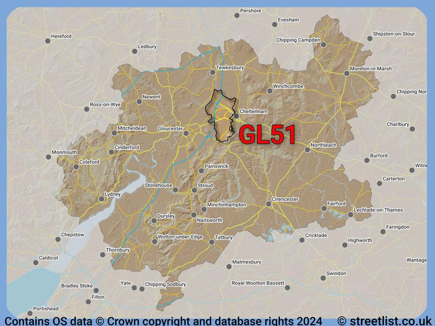 Where the GL51 postcode district lies within the wider  postcode area