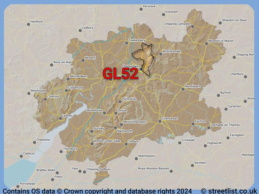 Where the GL52 postcode district lies within the wider  postcode area