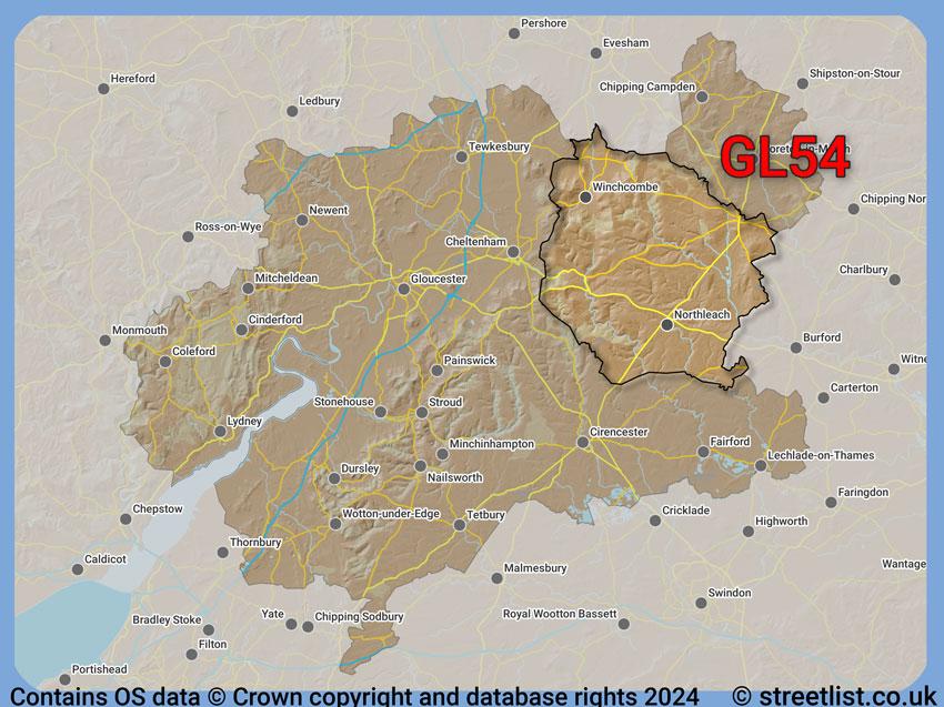 Where the GL54 postcode district lies within the wider  postcode area