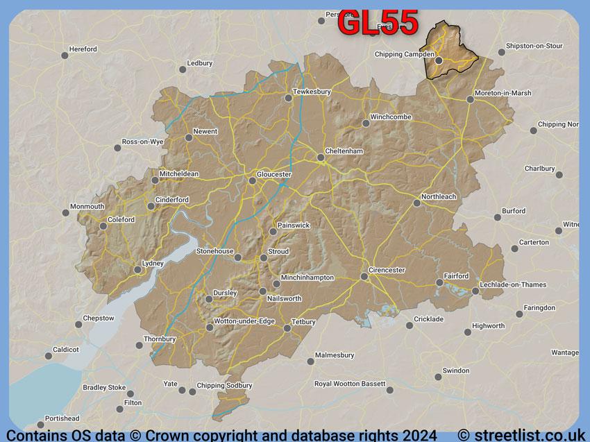 Where the GL55 postcode district lies within the wider  postcode area