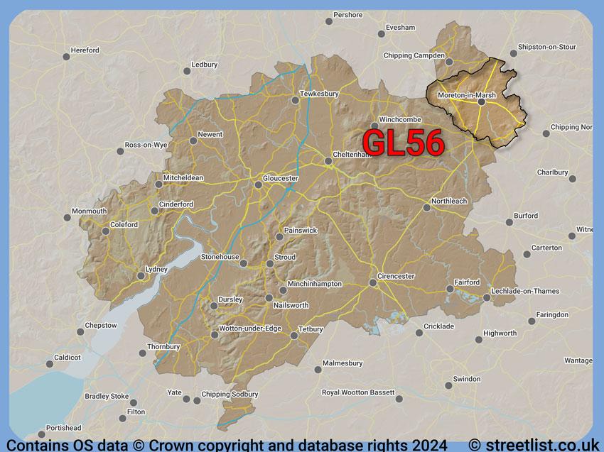 Where the GL56 postcode district lies within the wider  postcode area