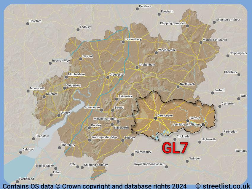 Where the GL7 postcode district lies within the wider  postcode area