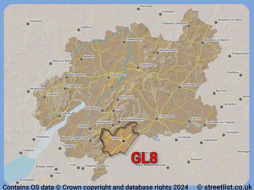 Where the GL8 postcode district lies within the wider  postcode area