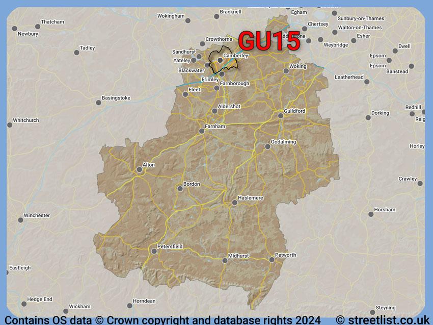 Where the GU15 postcode district lies within the wider  postcode area