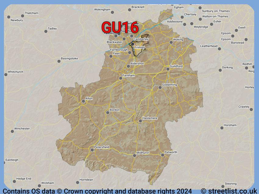 Where the GU16 postcode district lies within the wider  postcode area