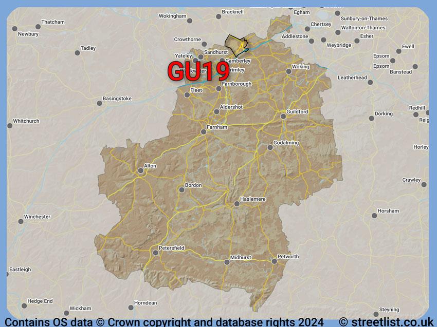 Where the GU19 postcode district lies within the wider  postcode area