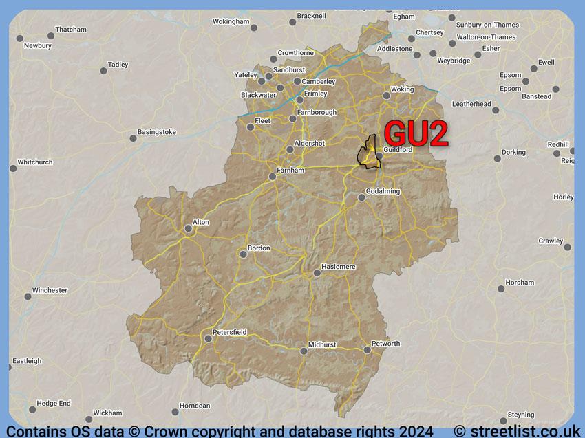 Where the GU2 postcode district lies within the wider  postcode area