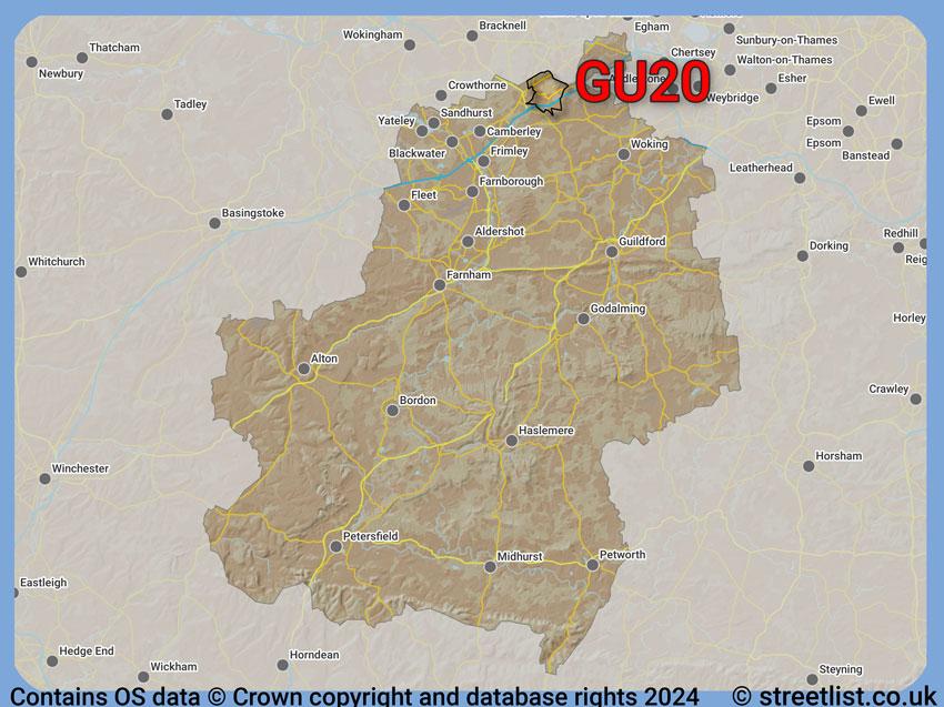 Where the GU20 postcode district lies within the wider  postcode area