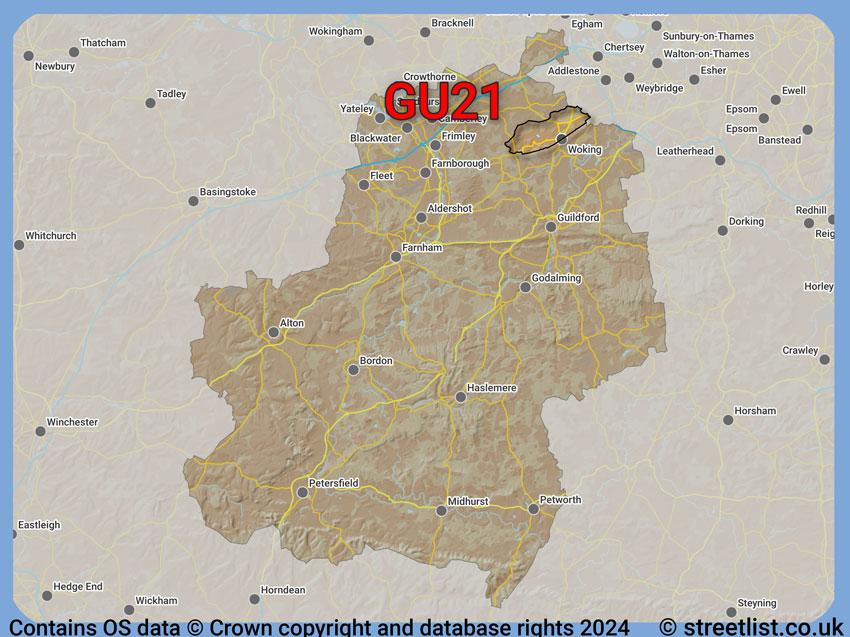 Where the GU21 postcode district lies within the wider  postcode area